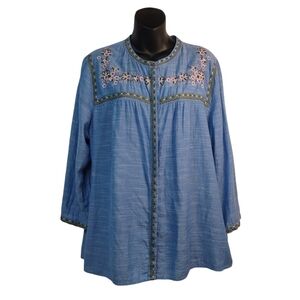 St. John's Bay Women's Blue Embroidered 3/4 Sleeve Top Blouse Size XL